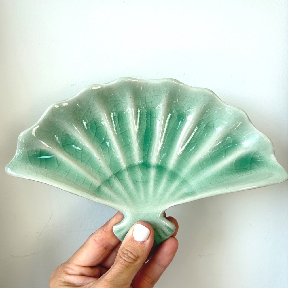Celadon Green Ceramic Fan Shaped Trinket Dish Crackle Glaze Scalloped Tray